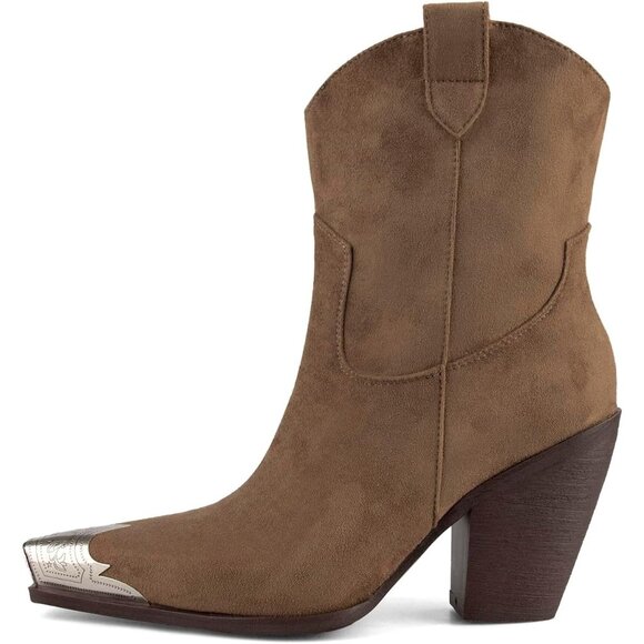 Women's Deep Brown Faux Leather Steel Toe Side Zipper Block Heel Ankle Boots - Picture 1 of 7